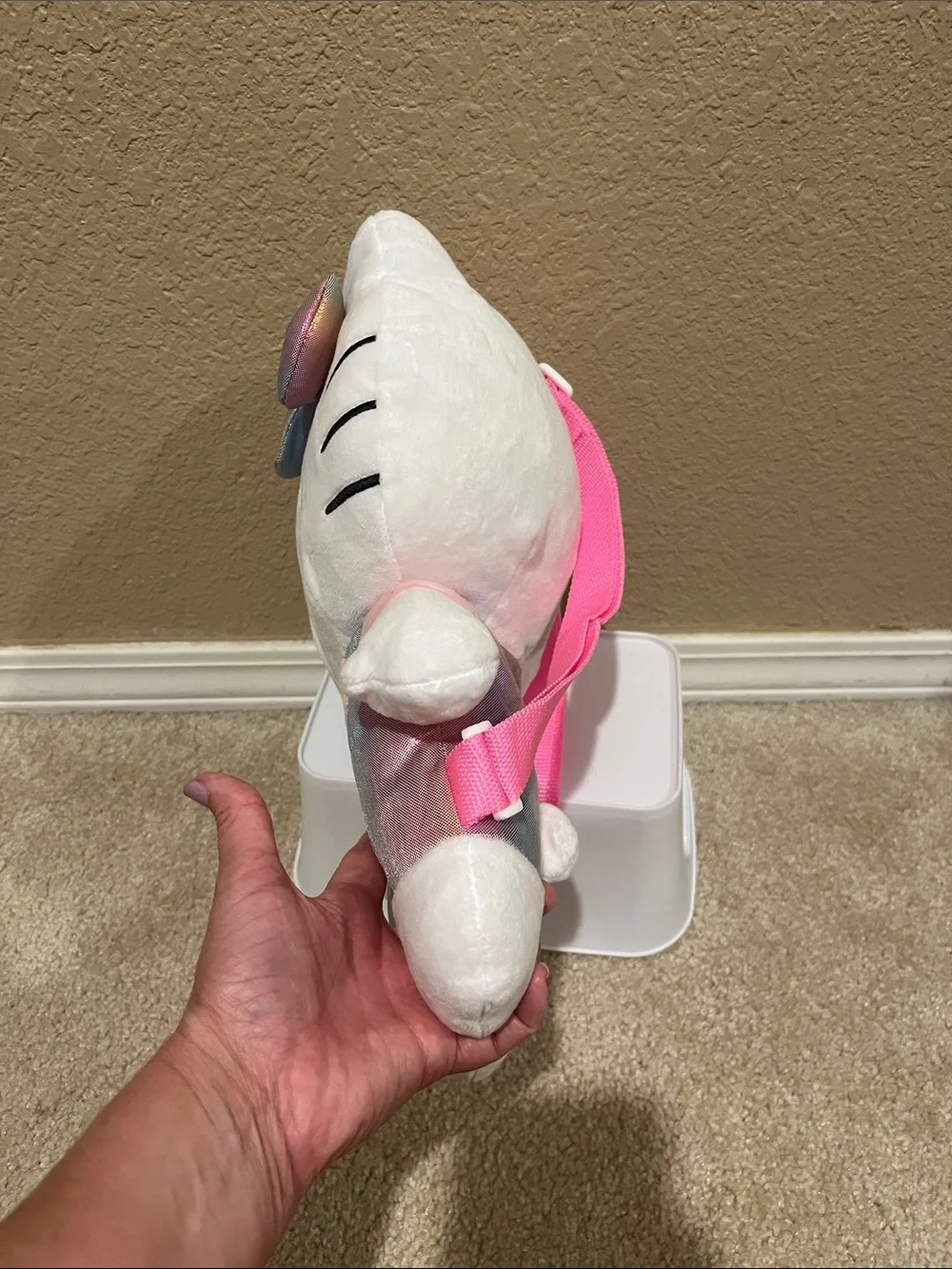 Hello Kitty Plush Backpack - White with Iridescent Rainbow Bow and Overalls